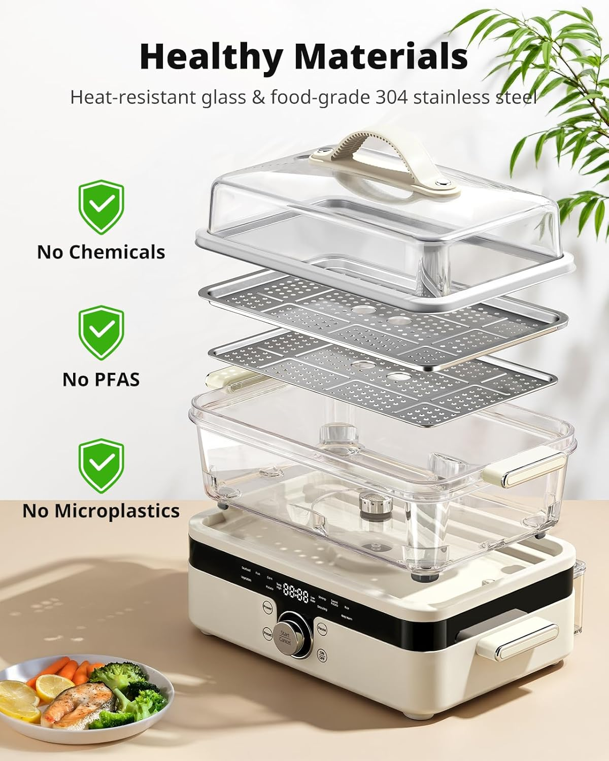 AIRMSEN 玻璃食物蒸鍋 - 8.5QT 雙層不鏽鋼蒸架電蒸鍋 1200W 快速加熱