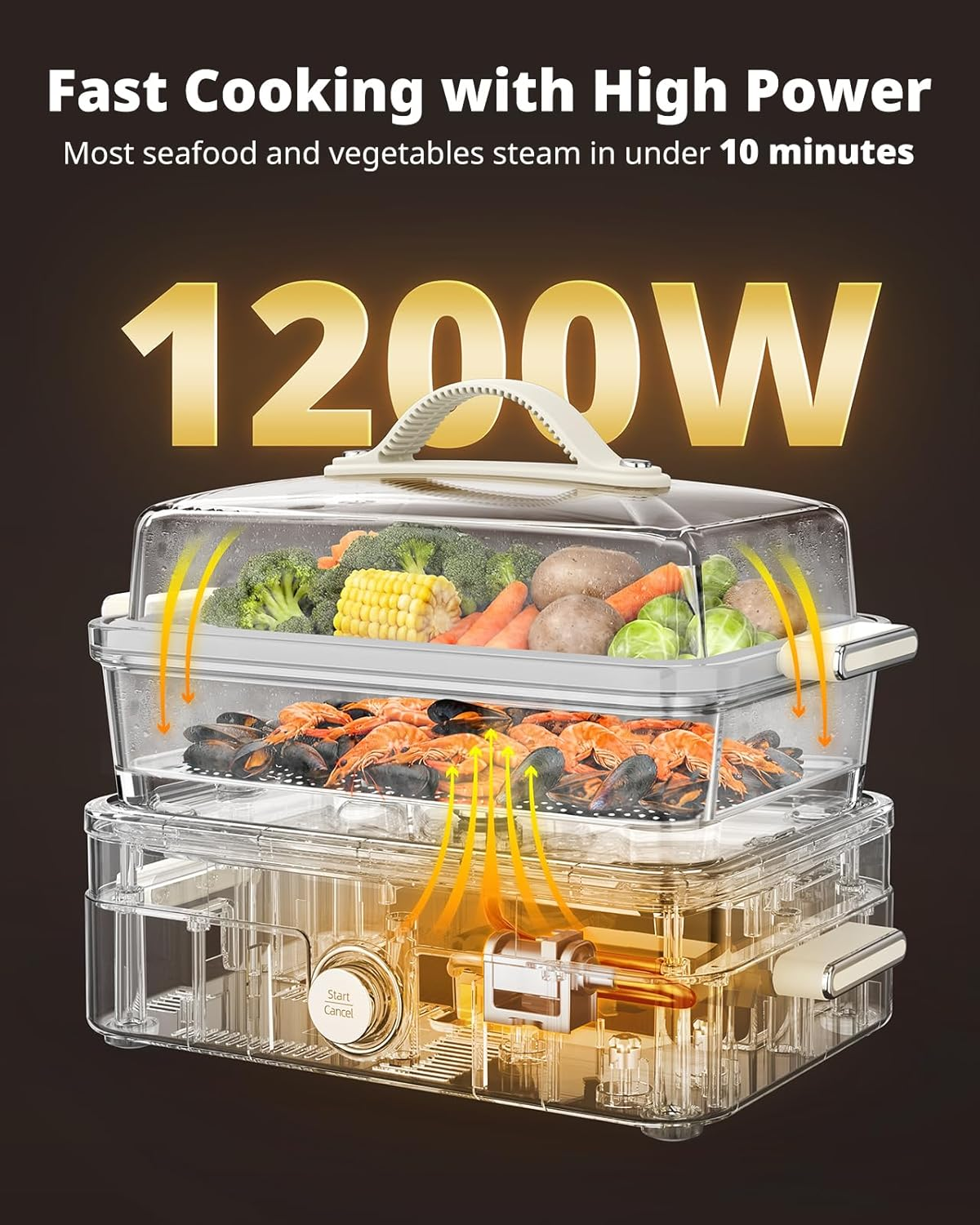 AIRMSEN 玻璃食物蒸鍋 - 8.5QT 雙層不鏽鋼蒸架電蒸鍋 1200W 快速加熱
