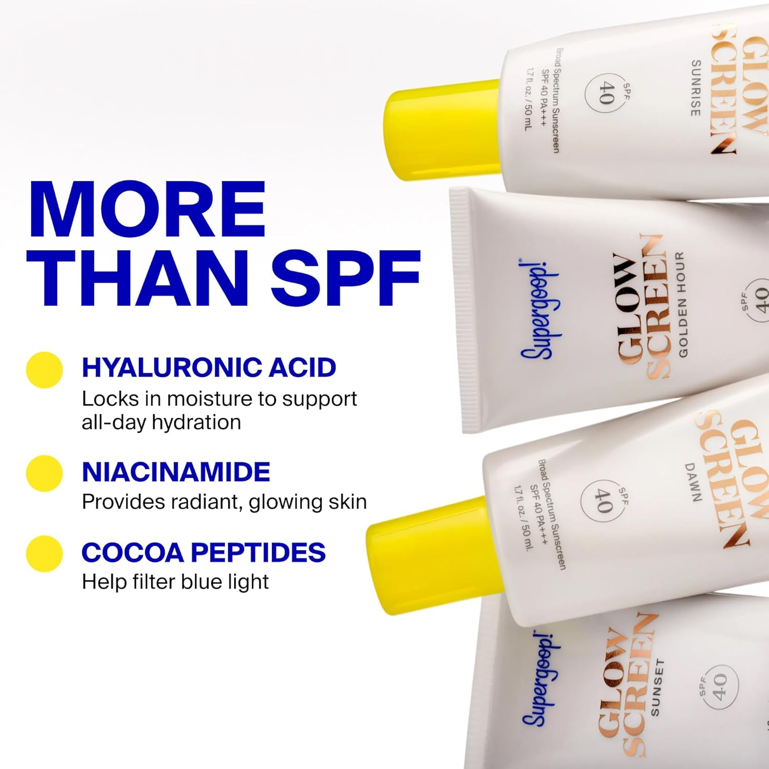 Supergoop! Glowscreen SPF 40 - 光澤妝前乳 + 廣譜潤色防曬霜 - 有助於過濾藍光 - 保濕 - 含透明質酸和維生素B6