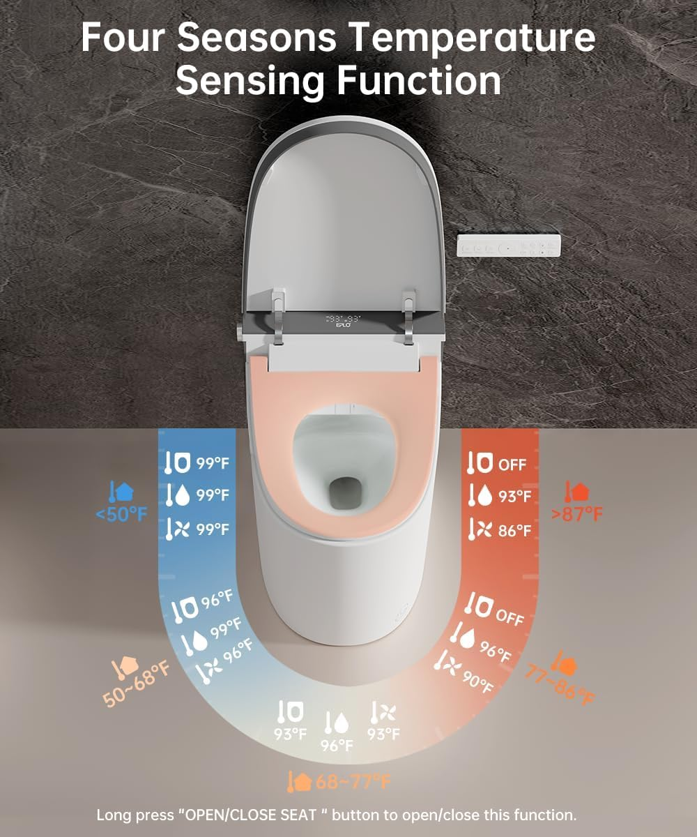 EPLO智慧智慧馬桶蓋，自動開關，1000克沖水量，泡棉噴灑器，符合ADA舒適高度，移動烘乾，自動沖水，加熱座圈，一體成型加長馬桶，內建水箱 U8MAX