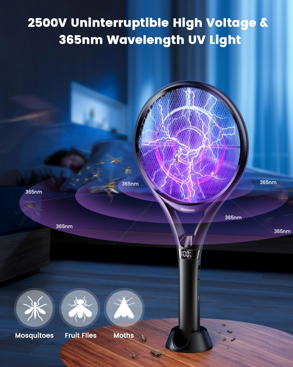 Minimoon 電動滅蚊拍 LED顯示 可充電 2500V 雙模式 室內外露營