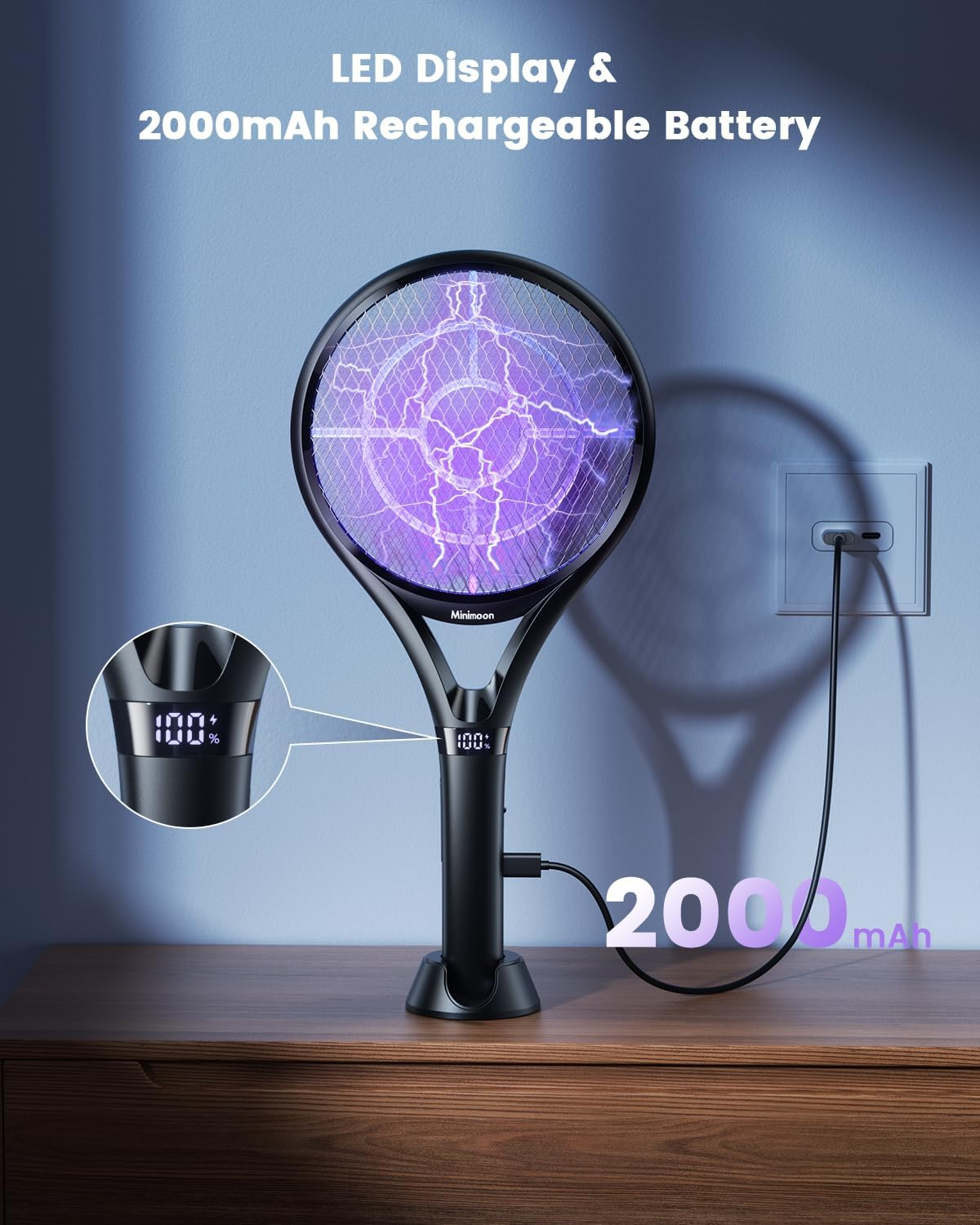 Minimoon 電動滅蚊拍 LED顯示 可充電 2500V 雙模式 室內外露營