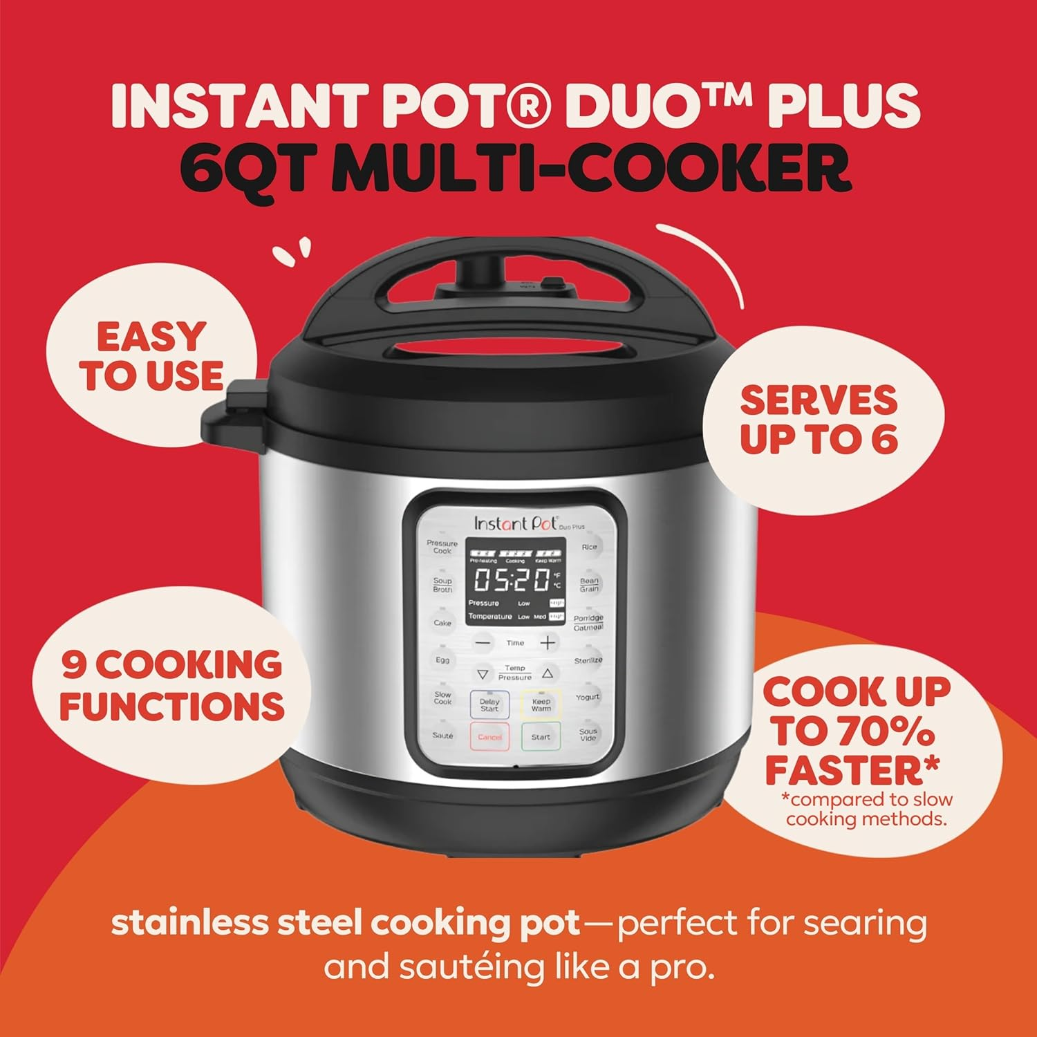 Instant Pot Duo Plus 9合1多功能電壓力鍋 (6誇脫/1000W) - 不鏽鋼