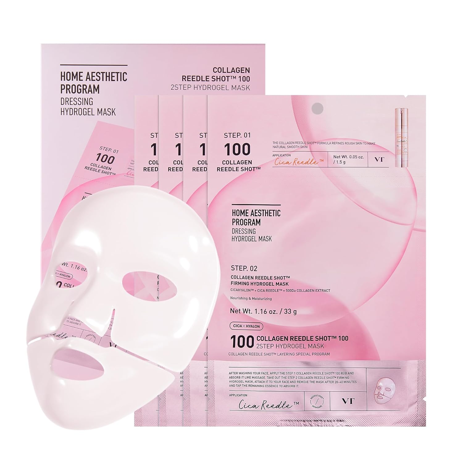 VT COSMETICS 膠原蛋白 Reedle Shot 100 雙步驟水凝膠面膜（34.5克 x 4片），緊緻彈性護理，含500Da外泌體，淡化細紋，夜間保濕