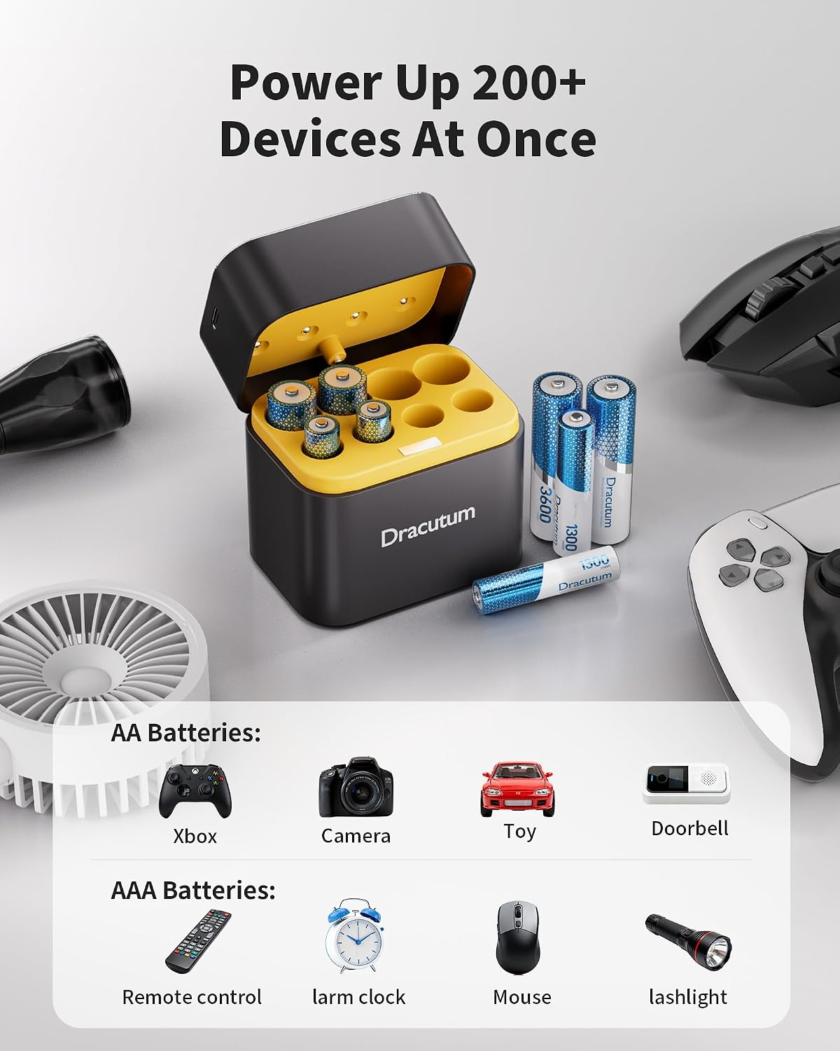 Dracutum 3號AA/4號AAA可充電鋰電池套裝（附專用充電座/共8入