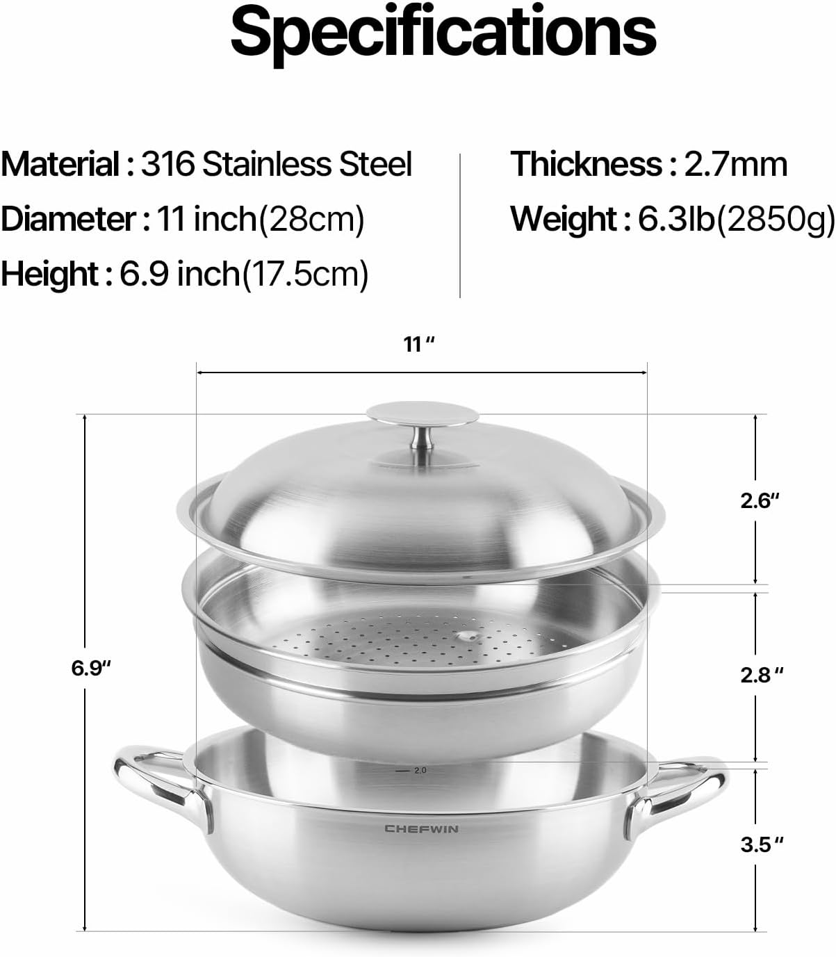 CHEFWIN 316醫療級不鏽鋼 11吋多功能五層複合金炒鍋 (附蒸籠與鍋蓋/4.5夸特)