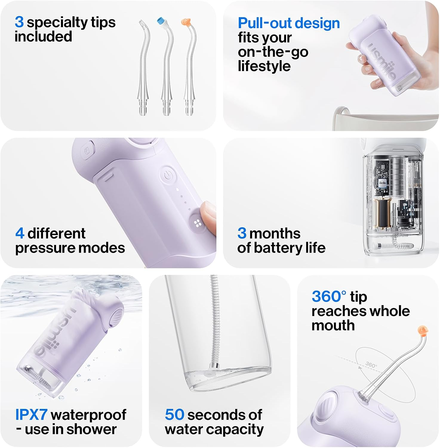 【usmile】C10 便攜式伸縮沖牙機/洗牙器 - 浪漫紫 (95天續航/IPX7防水/4種模式)