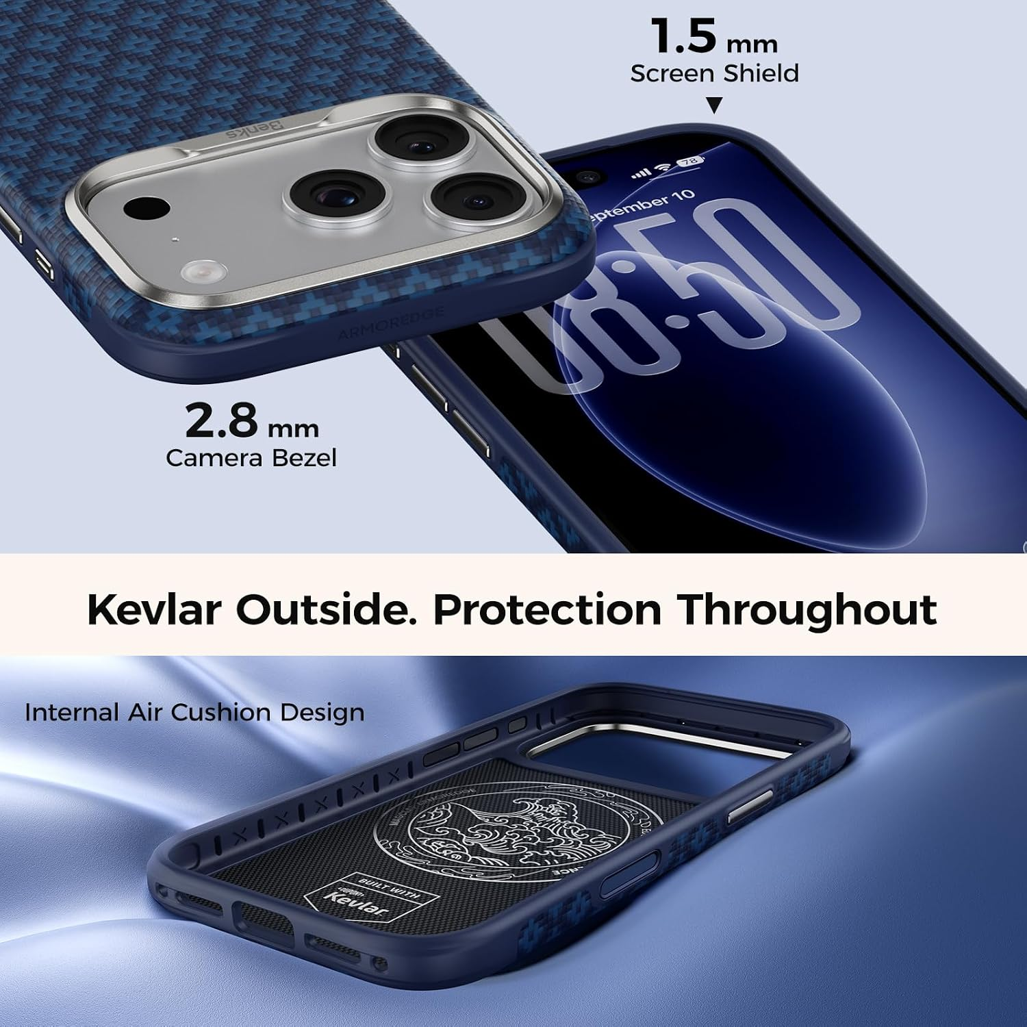 【BENKS】for iPhone 16 Pro Max 裝甲防摔磁吸手機殼 (Kevlar芳綸纖維/軍規防摔/防滑邊框/支援MagSafe/ArmorGrid Blue深藍色)