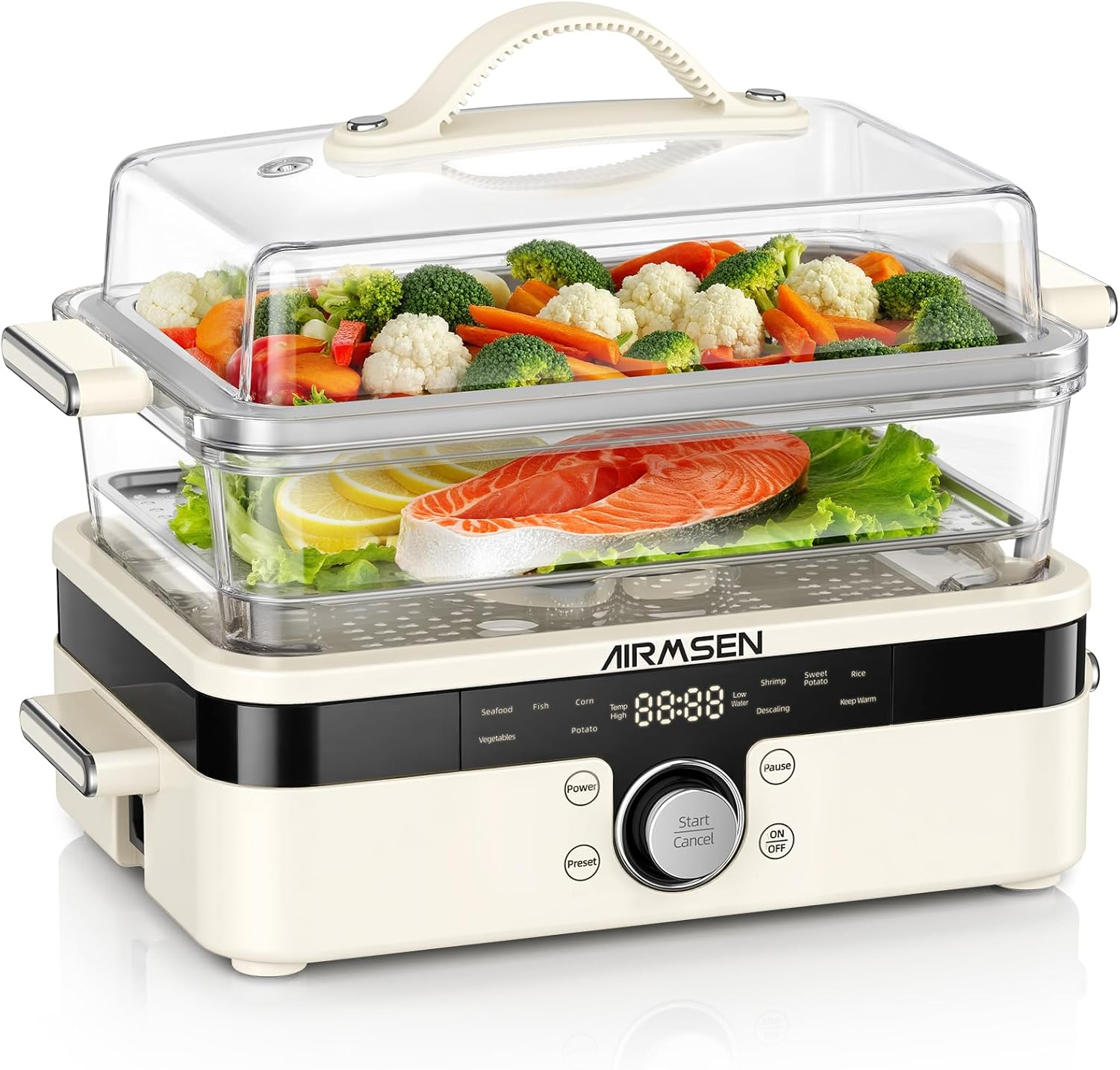 AIRMSEN 玻璃食物蒸鍋 - 8.5QT 雙層不鏽鋼蒸架電蒸鍋 1200W 快速加熱