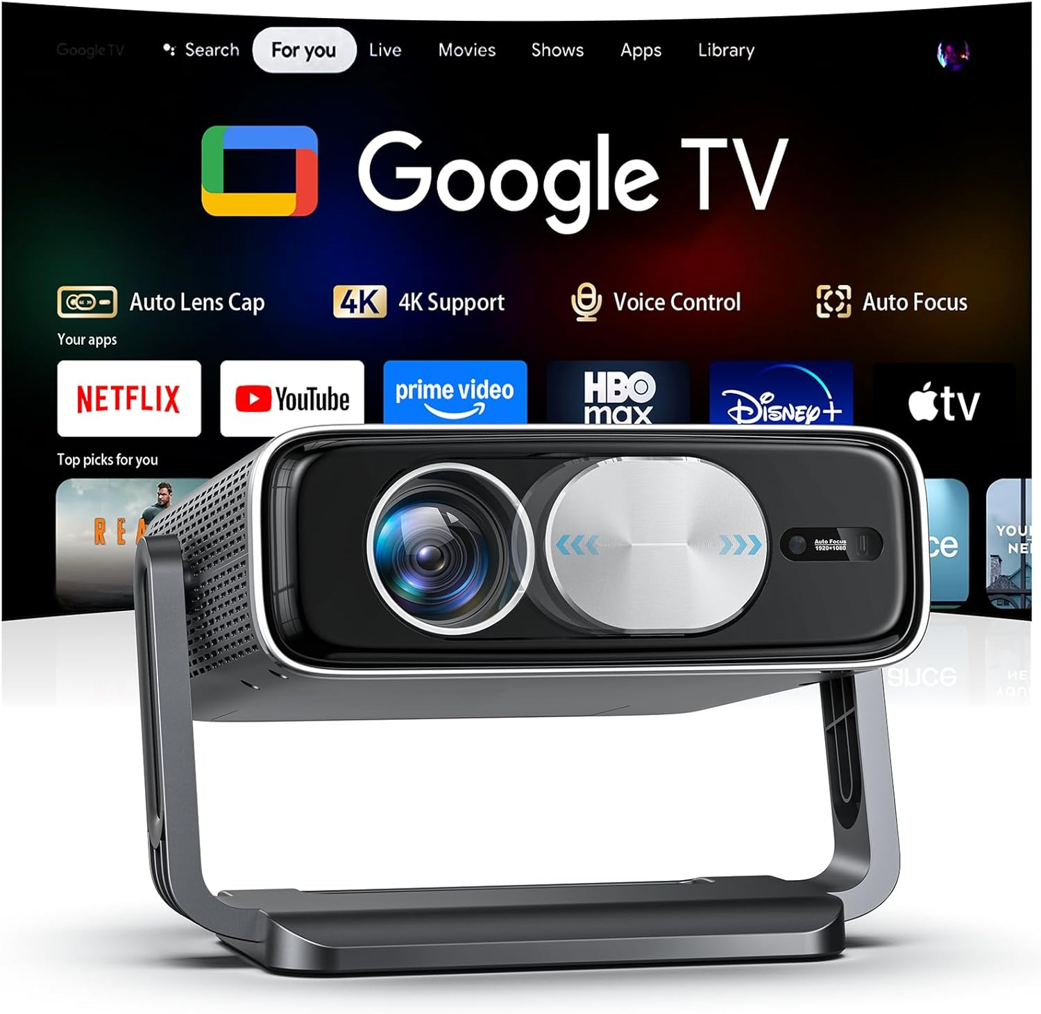 Pemoon 2500 ANSI 高亮度 Google TV 智慧投影機 (支援 4K 解碼/自動鏡頭蓋/360°旋轉支架)